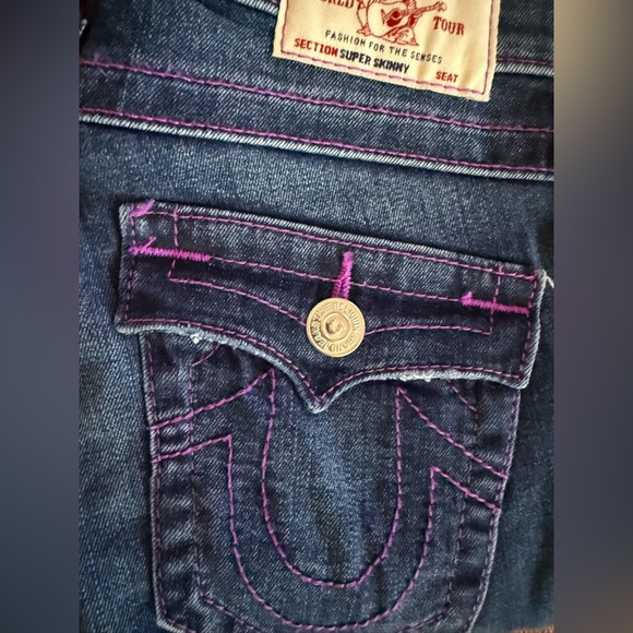 True Religion Super Skinny Jeans W26 Neon Purple Stitch Distressed Dark Wash Y2K - Picture 5 of 10
